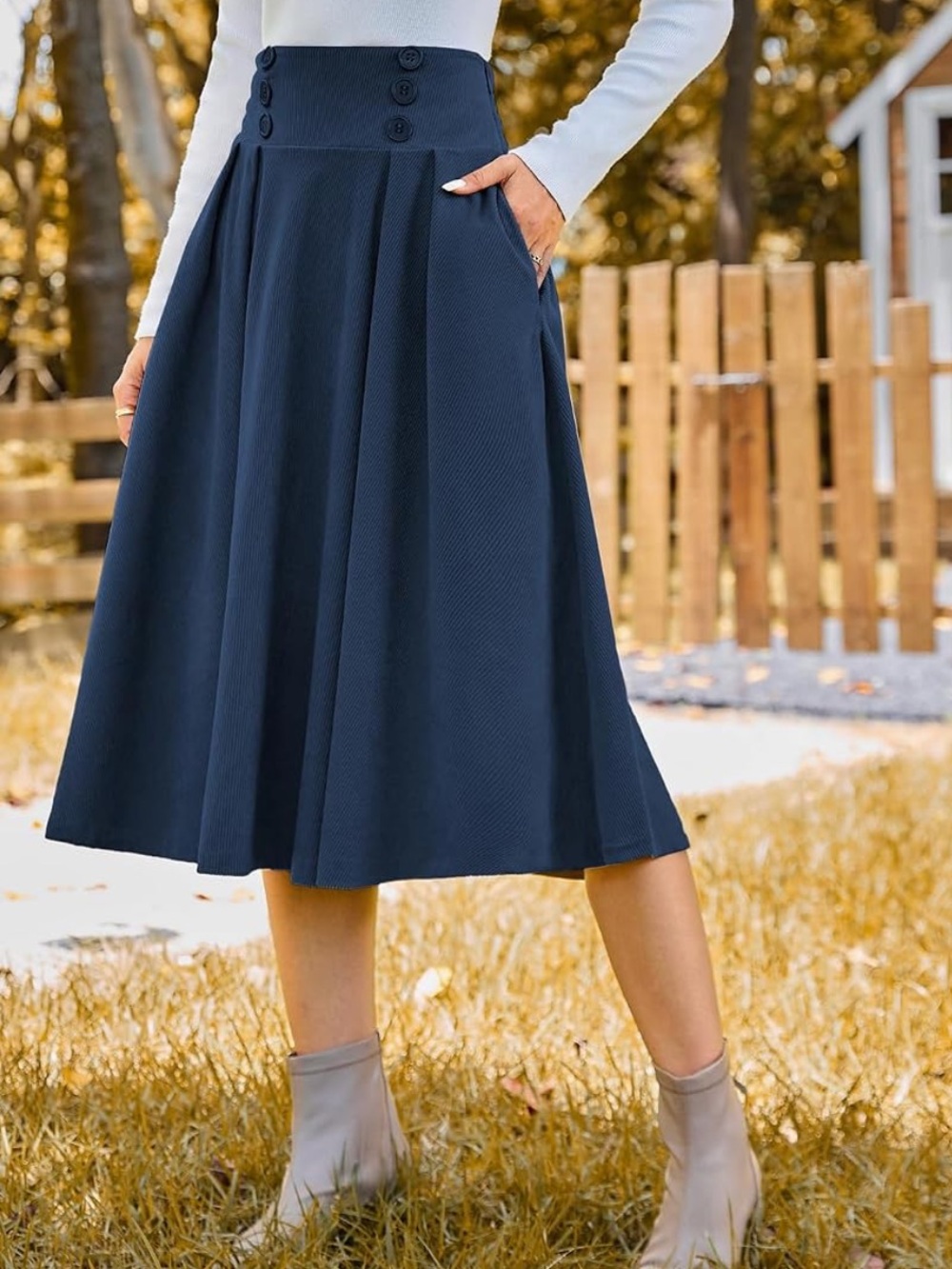 NWT Belle Poque Women’s Navy Blue Cotduroy A-Line Flared Swing Skirt Small S